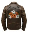 Halloween Ghost Pumpkin Bat Graphic Distressed Brown Leather Jacket