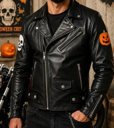 Halloween Handmade Skull and Pumpkin Patch Biker Jacket
