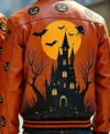 Halloween Pumpkin Patch Haunted Castle Orange Leather Bomber Jacket