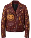 Halloween Pumpkin Print Asymmetrical With Waist Belted Style Purple Leather Biker Jacket