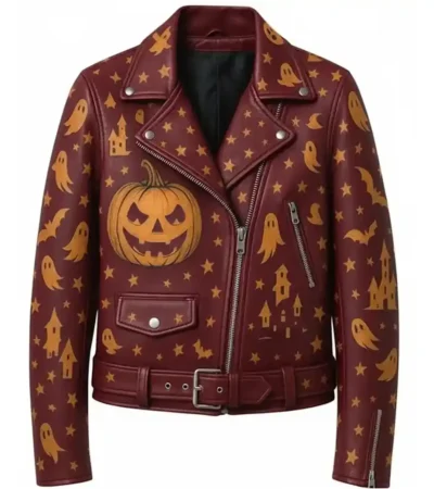 Halloween Pumpkin Print Asymmetrical With Waist Belted Style Purple Leather Biker Jacket