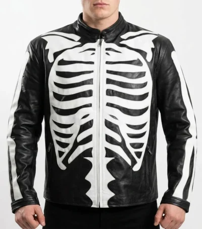 Halloween Skeleton Print Black Leather Jacket