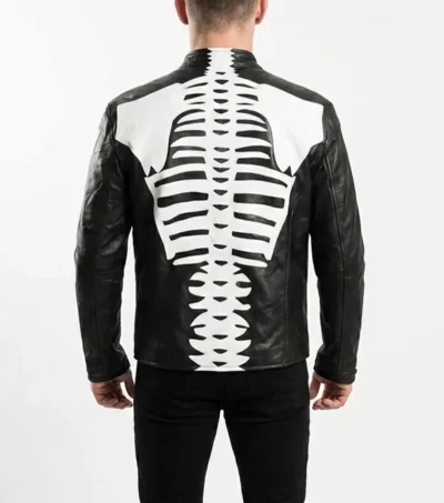 Halloween Skeleton Print Black Leather Jacket back