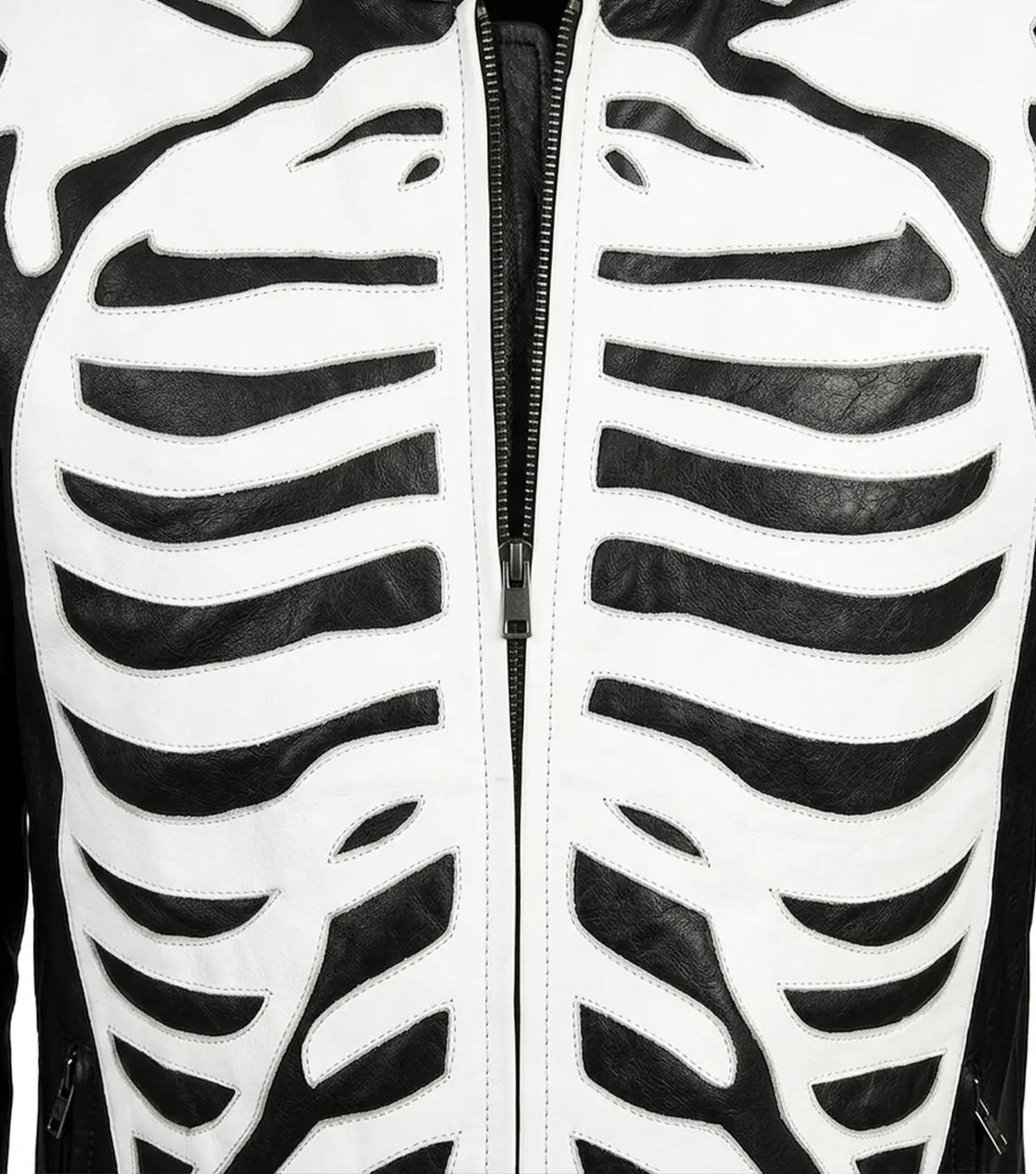 Halloween Skeleton Print Black Leather Jacket close up