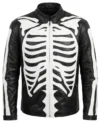 Halloween Skeleton Print Black Leather Jacket front