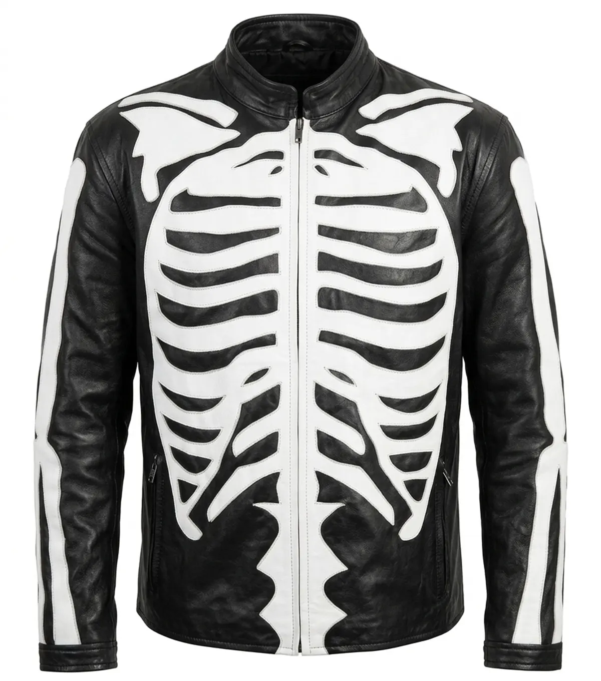 Halloween Skeleton Print Black Leather Jacket front