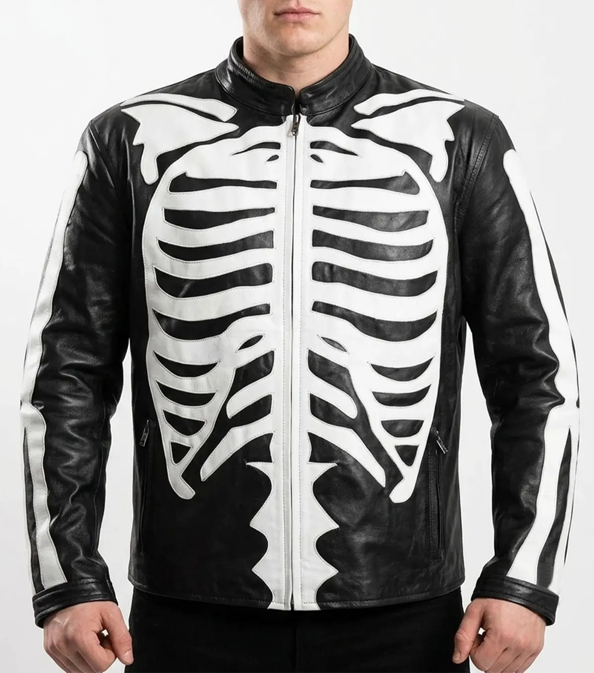 Halloween Skeleton Print Black Leather Jacket
