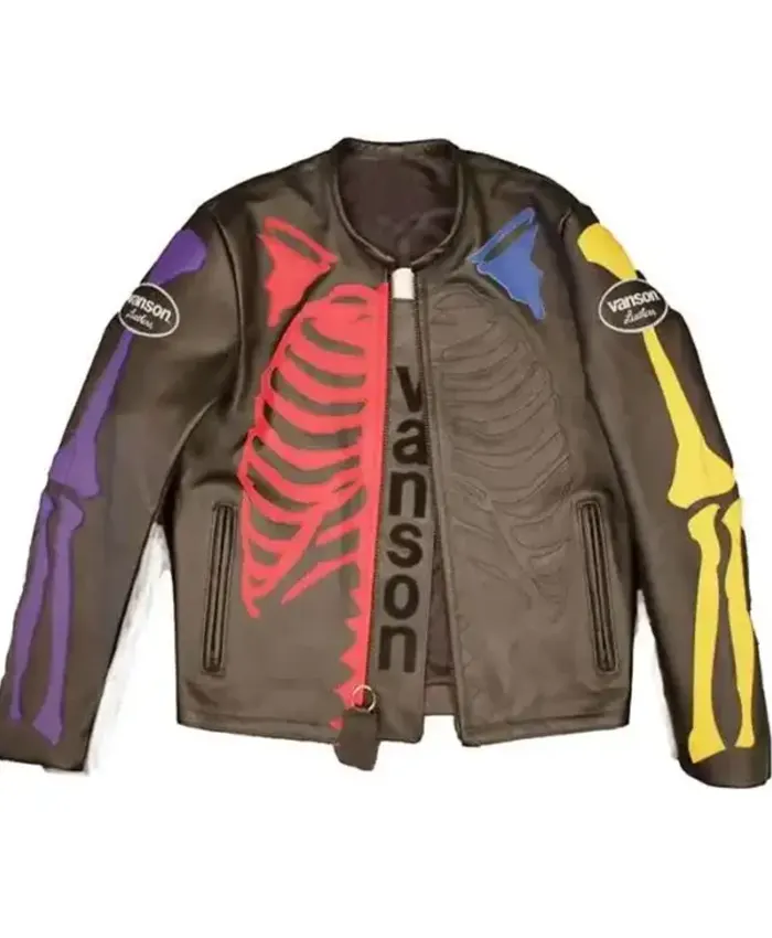 Halloween Vanson x Askan Multi-Colored Skeleton Bone Leather Jacket Front