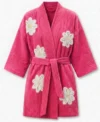 Hot Pink Falling Daisies Floral Chenille Kimono Bathrobe
