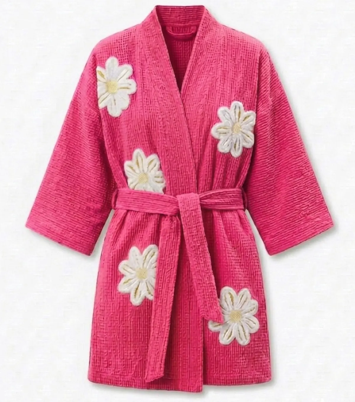 Hot Pink Falling Daisies Floral Chenille Kimono Bathrobe
