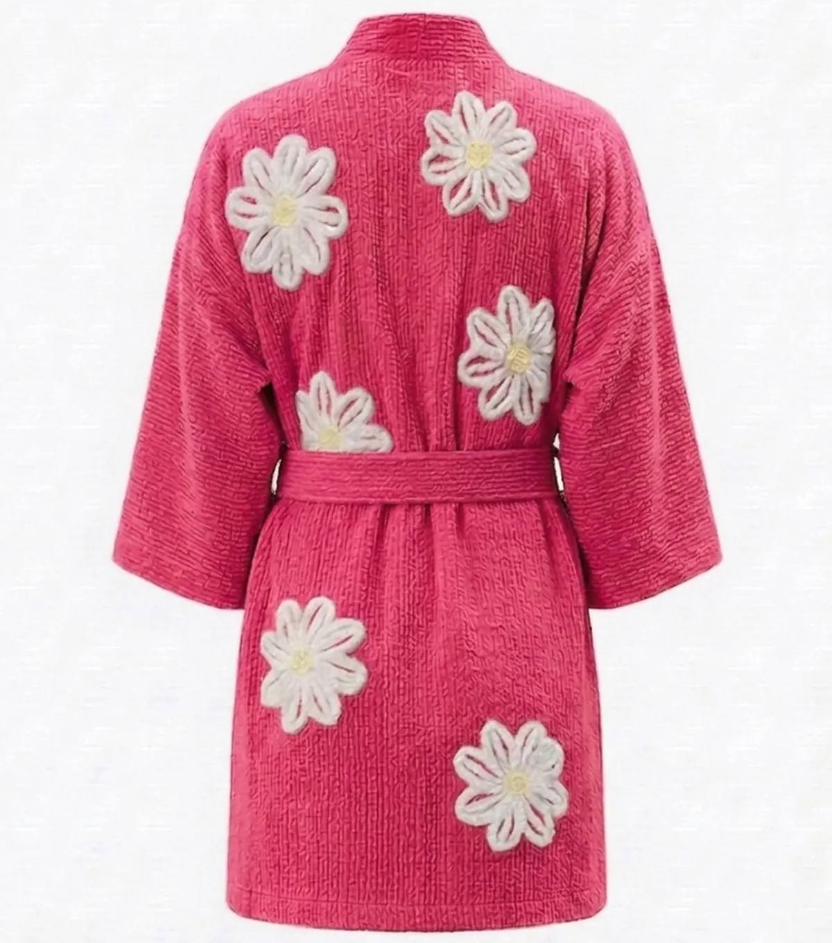 Hot Pink Falling Daisies Floral Chenille Kimono Bathrobe back