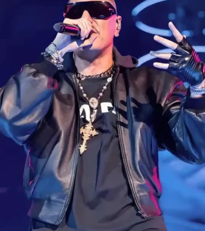 Iconic Marracash Rome Concert 2025 Black Leather Bomber Jacket For Sale