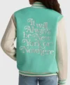It Will Always Be New York or Nowhere Liberty Motto Seafoam Green and White Varsity Jacket Back