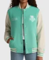 It Will Always Be New York or Nowhere Liberty Motto Seafoam Green and White Varsity Jacket Front