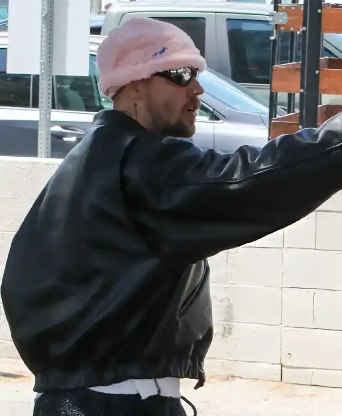 Justin Bieber Los Angeles 2026 Oversized Black Leather Bomber Jacket