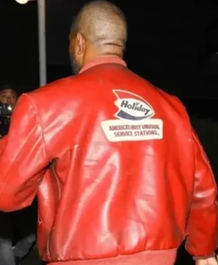 Kanye West Vintage Holiday Gas Red Distressed Leather Bomber Jacket Back
