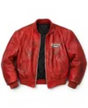 Kanye West Vintage Holiday Gas Red Distressed Leather Bomber Jacket Front