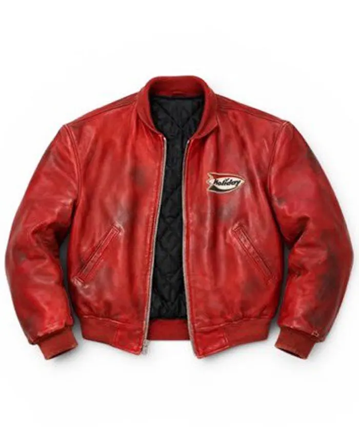 Kanye West Vintage Holiday Gas Red Distressed Leather Bomber Jacket Front