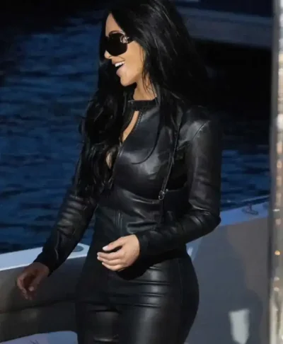 Kim Kardashian Formula 1 Grand Prix 2026 Weekend Monaco Black Leather Jacket