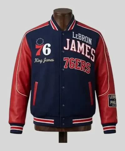LeBron James Philadelphia 76ers Blue and Red Varsity Letterman Jacket Front
