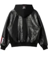 Loiter x Raw Is War Black Leather Bomber Hooded Jacket Back