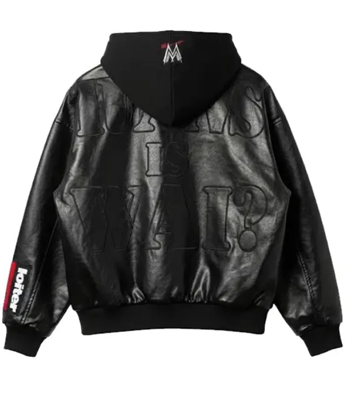 Loiter x Raw Is War Black Leather Bomber Hooded Jacket Back