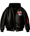 Loiter x Raw Is War Black Leather Bomber Hooded Jacket Front