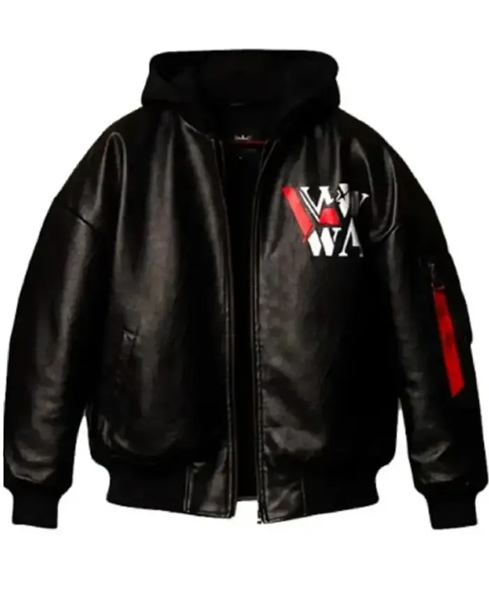 Loiter x Raw Is War Black Leather Bomber Hooded Jacket Front