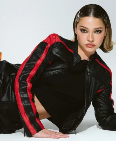 Madelyn Cline Diesel L-Ovable Black and Red Leather Motorcycle Jacket Right