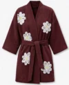 Maroon Falling Daisies Floral Chenille Kimono Bathrobe