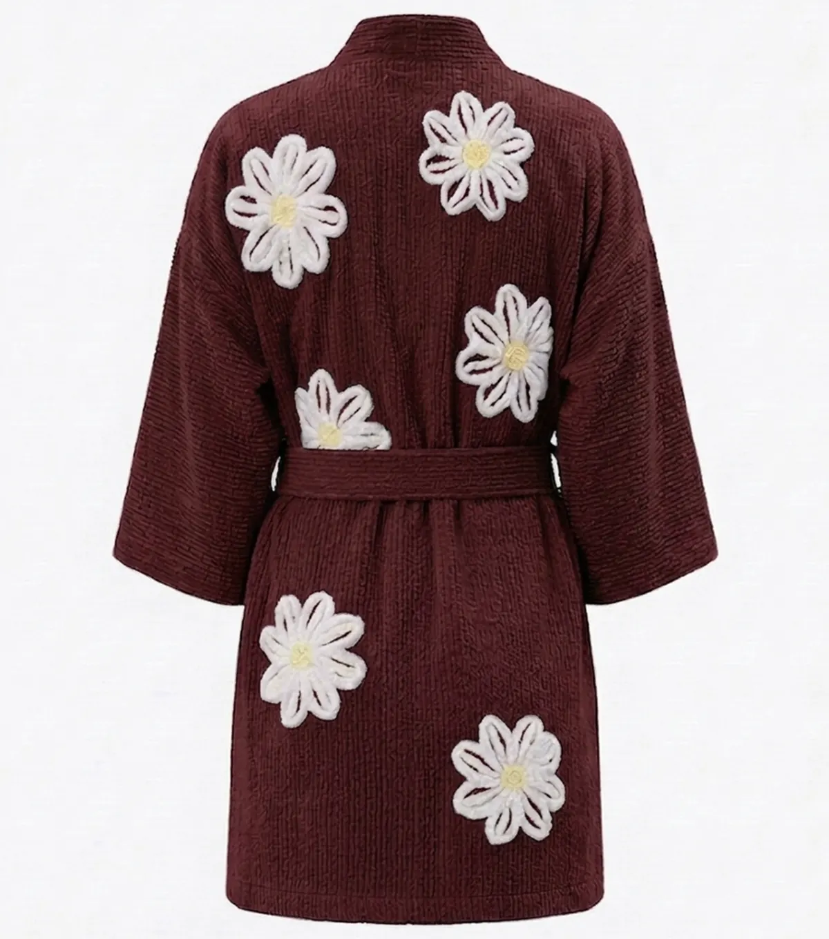 Maroon Falling Daisies Floral Chenille Kimono Bathrobe back