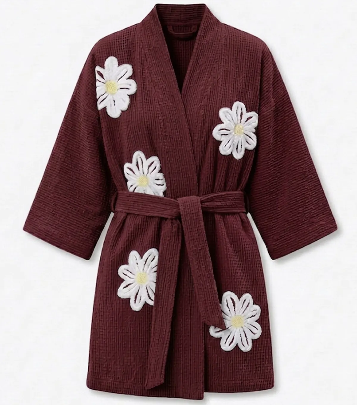 Maroon Falling Daisies Floral Chenille Kimono Bathrobe