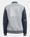 Marty Supreme Grey and Navy Blue Varsity Jacket Back