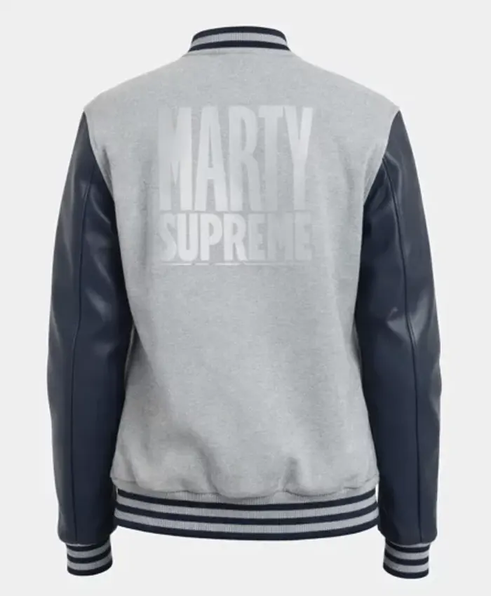 Marty Supreme Grey and Navy Blue Varsity Jacket Back