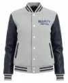 Marty Supreme Grey and Navy Blue Varsity Jacket Front