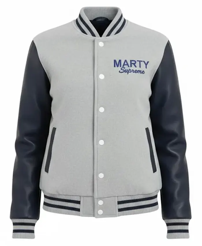 Marty Supreme Grey and Navy Blue Varsity Jacket Front