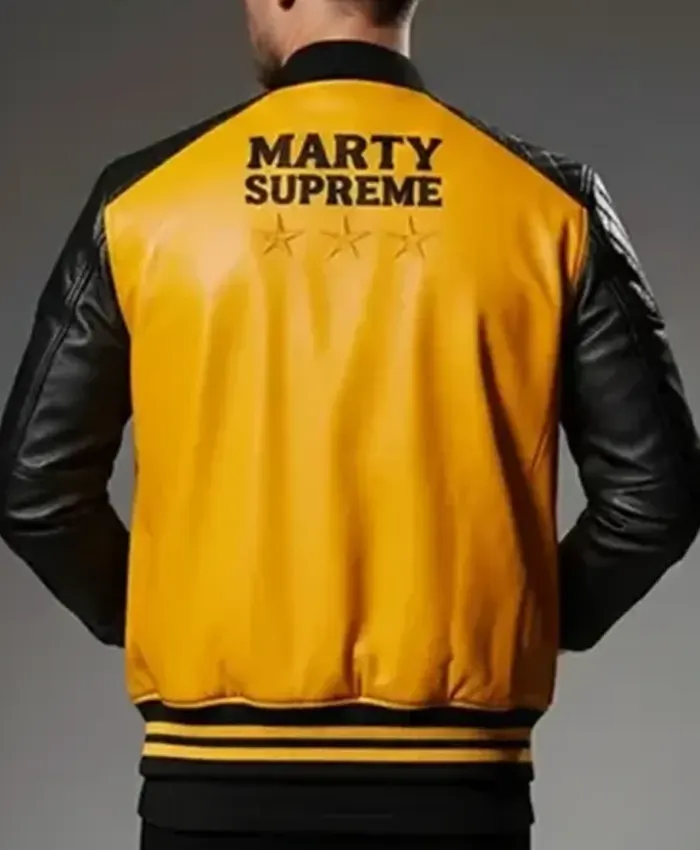 Marty Supreme Yellow and Black Leather Motorcycle Bomber Jacket Back