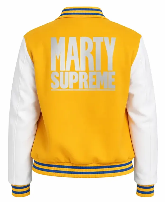 Marty Supreme Yellow and White Varsity Jacket Back