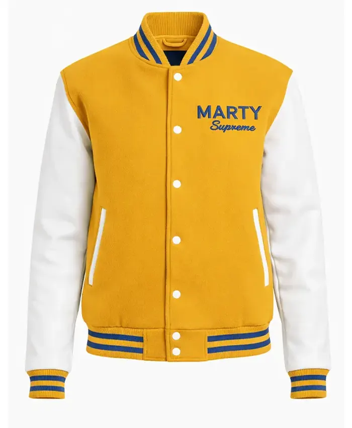Marty Supreme Yellow and White Varsity Jacket Front