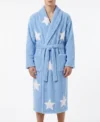Men Blue Star Print Chenille Bathrobe with Shawl Collar