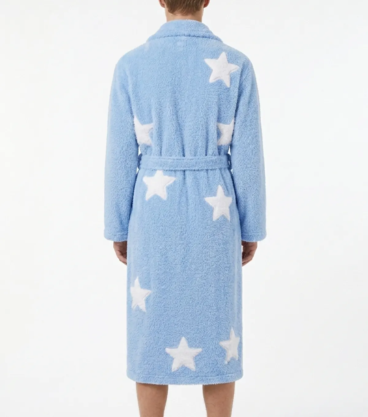 Men Blue Star Print Chenille Bathrobe with Shawl Collar back