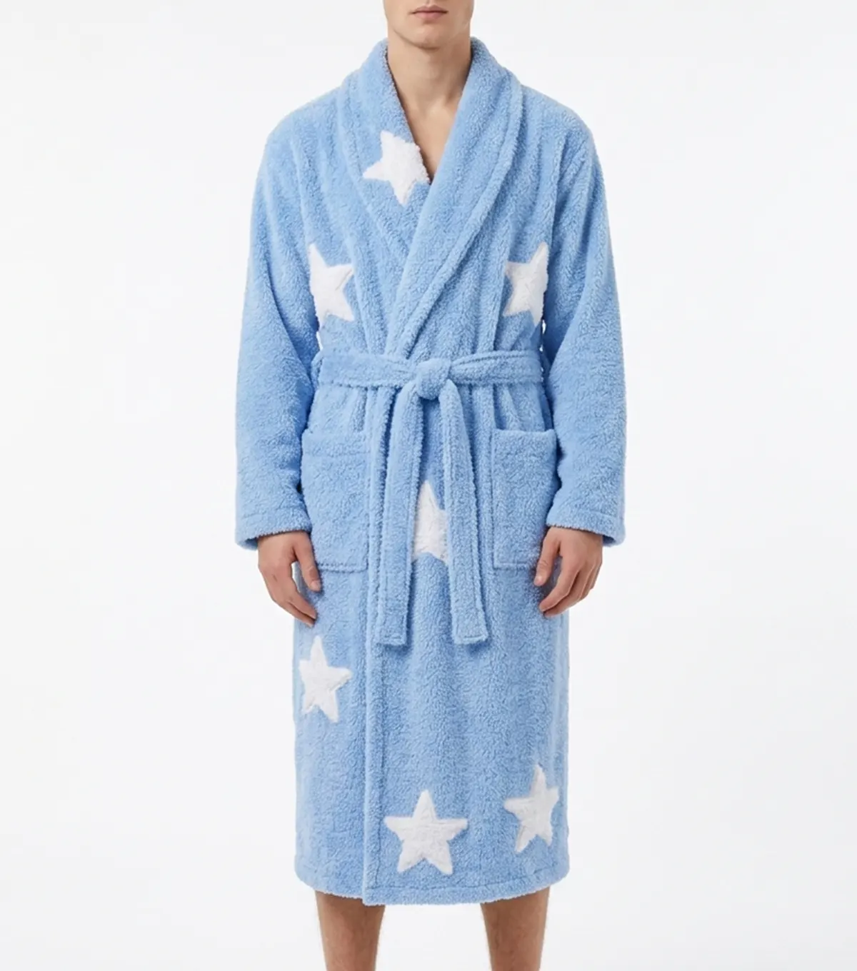 Men Blue Star Print Chenille Bathrobe with Shawl Collar