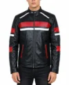 Mens Biker Leather Jacket With Red and White Stripes