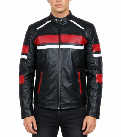 Mens Biker Leather Jacket With Red and White Stripes