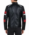 Mens Black Biker Leather Jacket with Red and White Stripes