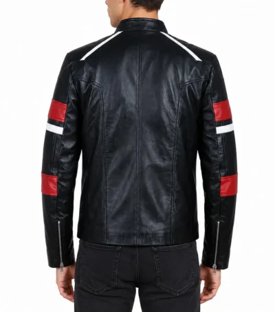 Mens Black Biker Leather Jacket with Red and White Stripes
