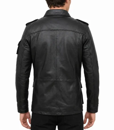 Mens Classic Black Real Leather Jacket with Button Closure
