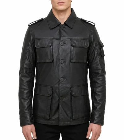 Mens Classic Black Vintage Real Leather Jacket with Button Closure