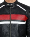Mens Leather Biker Jacket with Red & White Stripes