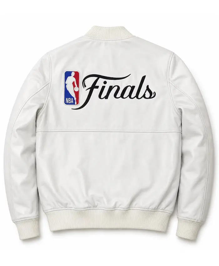 Men's New York Knicks FISLL 2026 Pro Basketball Finals Champion Team White Leather Bomber Jacket Back